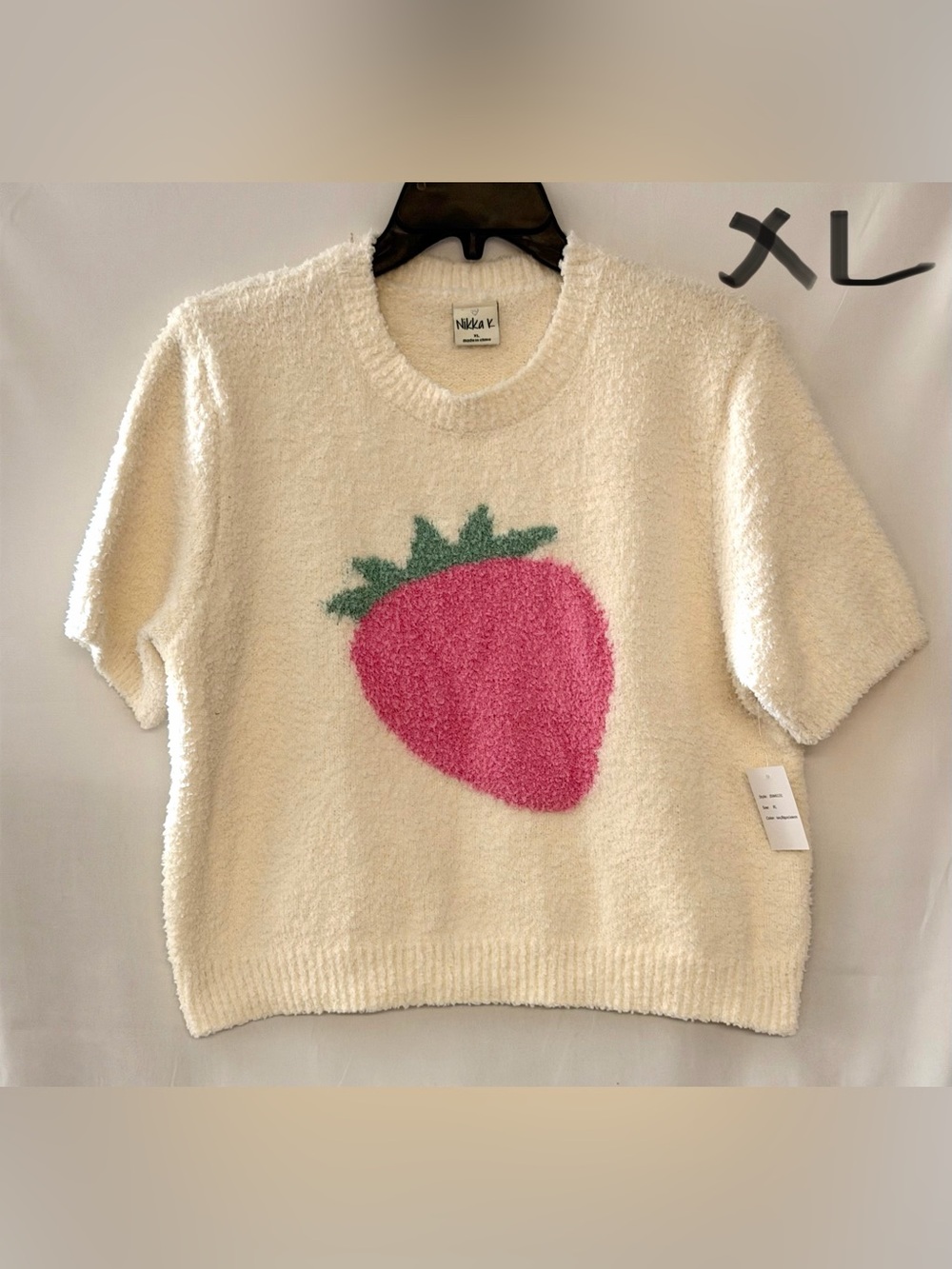 Cream Short-Sleeve Crewneck Sweater with Pink Strawberry Graphic
